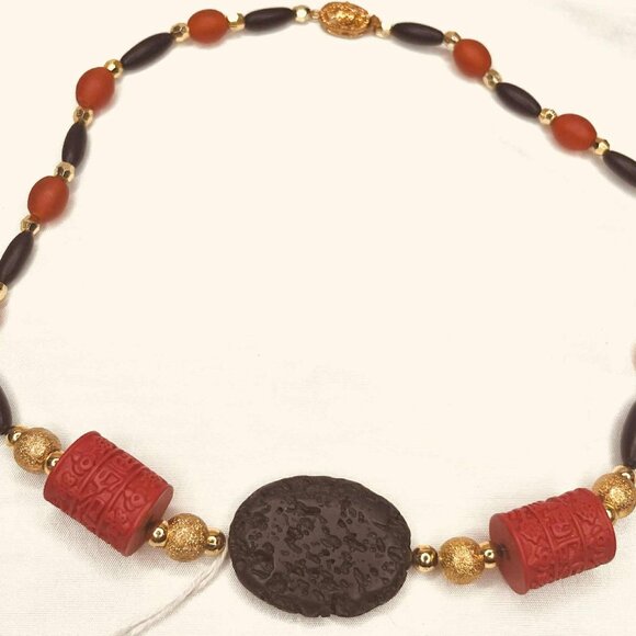 Vintage Lava & Tibetan Style Necklace – Mixed Materials, 48 cm - Picture 6 of 10